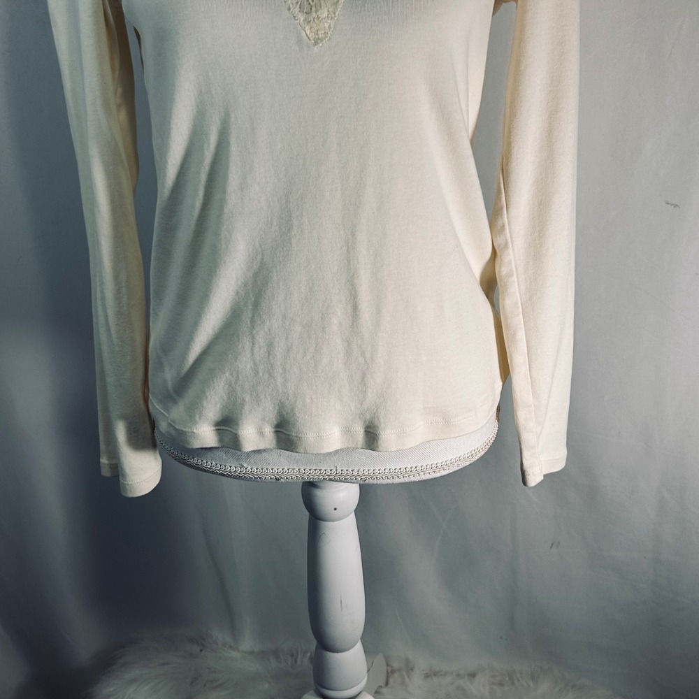 Chaps Womens Cream Ivory‎ Lace Trim V-Neck Long Sleeve 100% Cotton Top Size M - Picture 4 of 7